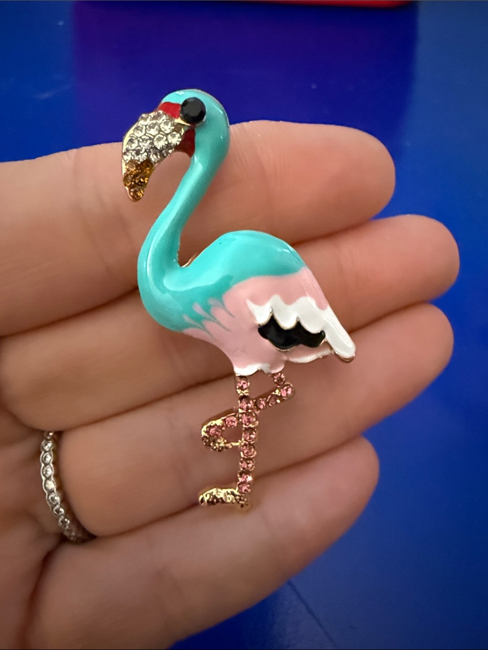 Turquoise and Pink Flamingo Brooch/pendant with Gold Accents